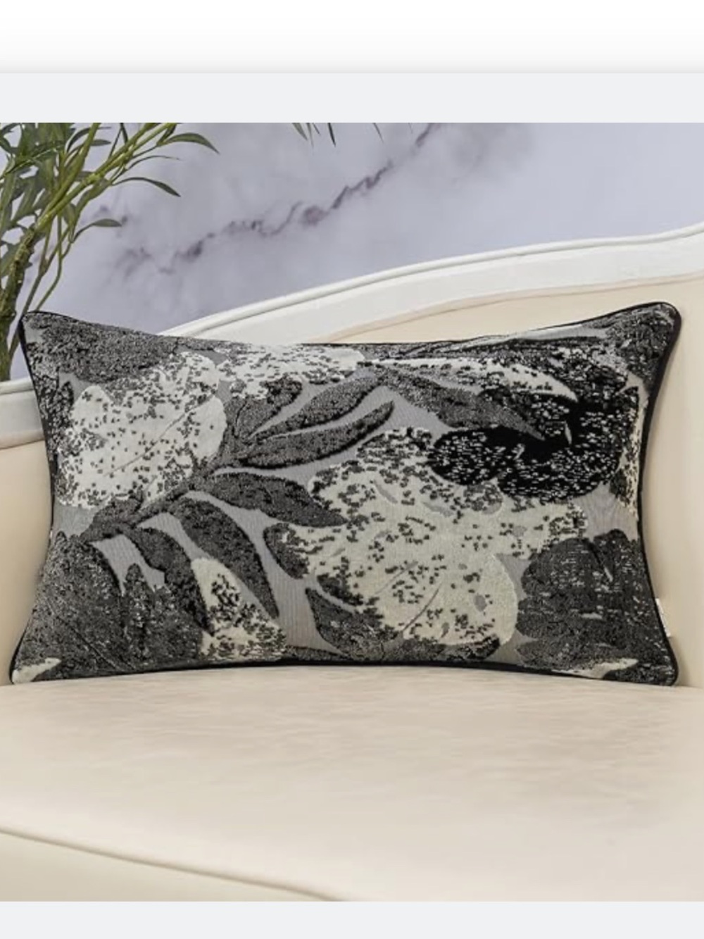 Decorative Rectangular Floral, BLack Leaf Lumbar Throw Pillow in Black and Gray